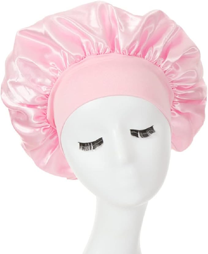 Hair Bonnet for Sleeping, Wide Elastic Band Satin Bonnet Silk Bonnet Shower Cap for Women Girls Makeup Hair Care Elastic Hat Soft Sleep Cap Satin Head Cover for Night Sleep Curly Hair Protection