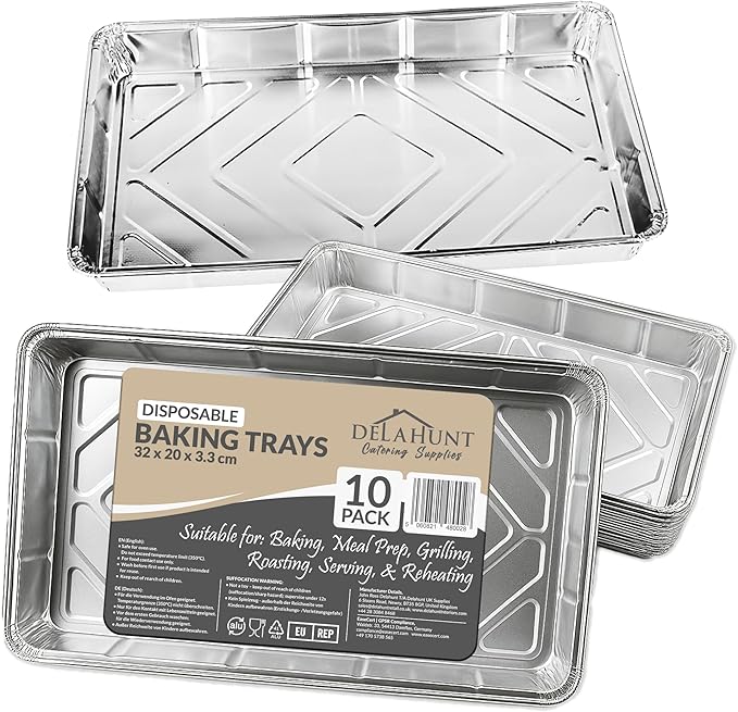 Delahunt Catering Supplies 10 Pack - Disposable Aluminium Foil Baking Trays, Tray Bakes, Containers for Baking, Roasting, Freezing, Storage, Cooking, BBQs, Brownies 32cm x 20cm x 3.3cm