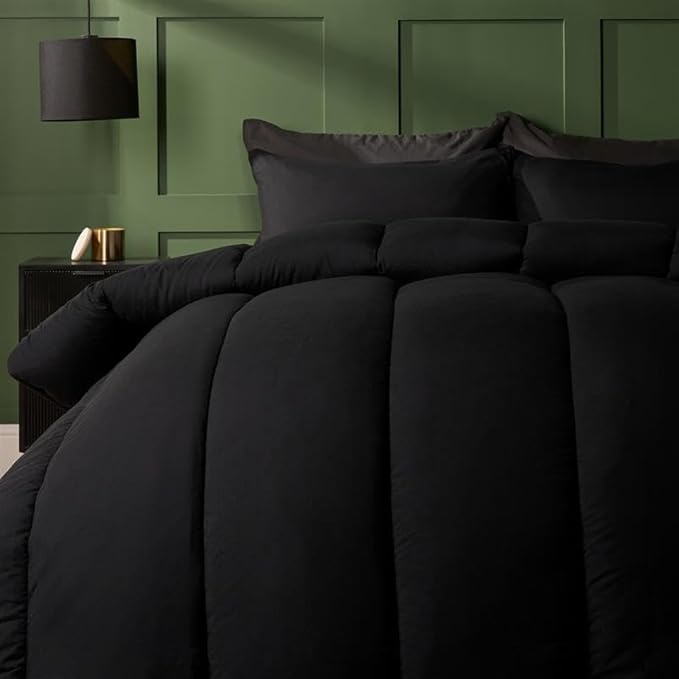 OHS Single Duvet 10.5 Tog Coverless, Soft Warm Microfibre Fabric Comfortable Coverless Duvet Camping Summer Winter Washable Quilt Single Bed Duvets with Pillowcase, Black