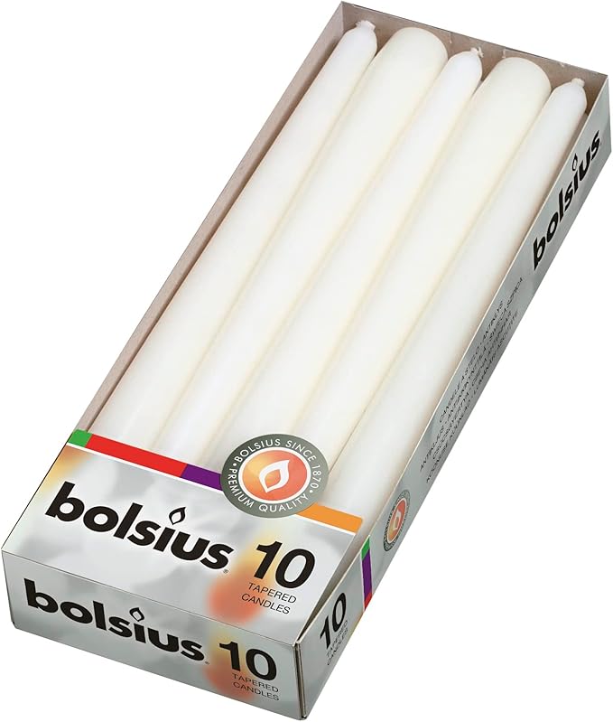 Bolsius Tapered Dinner Candles - White - Pack of 10 - 3.9x9.8x25.2 cm - Unscented - 7,5 Burning Hours