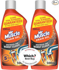 Mr Muscle Drain Unblocker, Sink & Drain Cleaner (2 x 500ml) Fast Acting Heavy Duty Drain Gel, Dissolves Clogs, Works 3x Better Than Bleach, Safe for All Pipes, Duo Pack