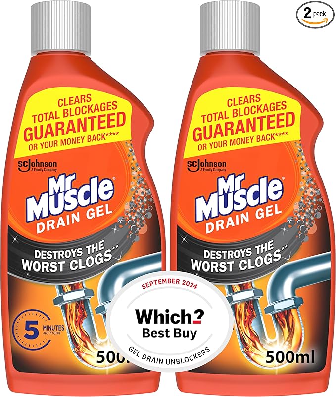 Mr Muscle Drain Unblocker, Sink & Drain Cleaner (2 x 500ml) Fast Acting Heavy Duty Drain Gel, Dissolves Clogs, Works 3x Better Than Bleach, Safe for All Pipes, Duo Pack