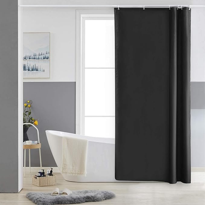 Furlinic Black Shower Curtain Anti Mould Resistant Waterproof Bathroom Curtains Washable Polyester Fabric 90x180cm with Weight Tape for Bath Wet Room 35x72 Inch.