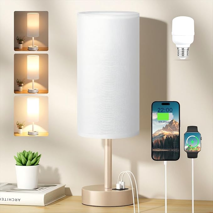 Aooshine Gold Bedside Lamp, Table Lamp with USB-C+A Charging Ports, Gold Metal Base(Bulb Included)[Energy Class F]