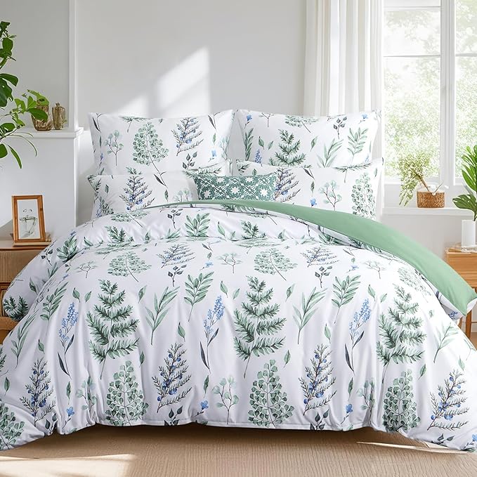 King Size Duvet Cover Sets - Kingsize Bedding Set with Pillowcases, Ultrasoft Microfiber Luxury Non Iron Quilt Cover with Zipper Closure, Floral Sage Green 230x220cm