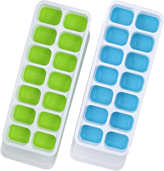 Ice Cube Trays, 2 packs Ice Cube Moulds with No-Spill Removable Lid, Easy-Release Silicone and Flexible Ice Trays for Freezer, Whiskey, Cocktail and Drink (2pack Blue&Green)