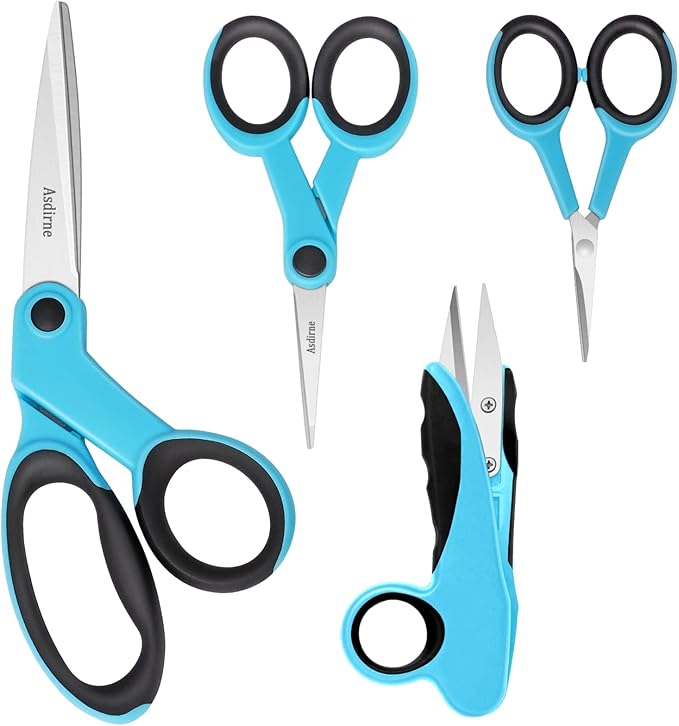 Fabric Scissors Set with Sharp Stainless Steel Blade and Soft Handles, Including Sewing Scissors, Craft Scissors, Thread Snipers and Embroidery Scissors, 4PCs, Blue/Black