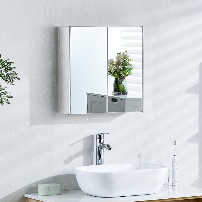 Bath Vida Tiano Double-Mirror Bathroom Cabinet – Wall-Mounted Stainless Steel Modern Storage Cupboard (No Assembly Required)