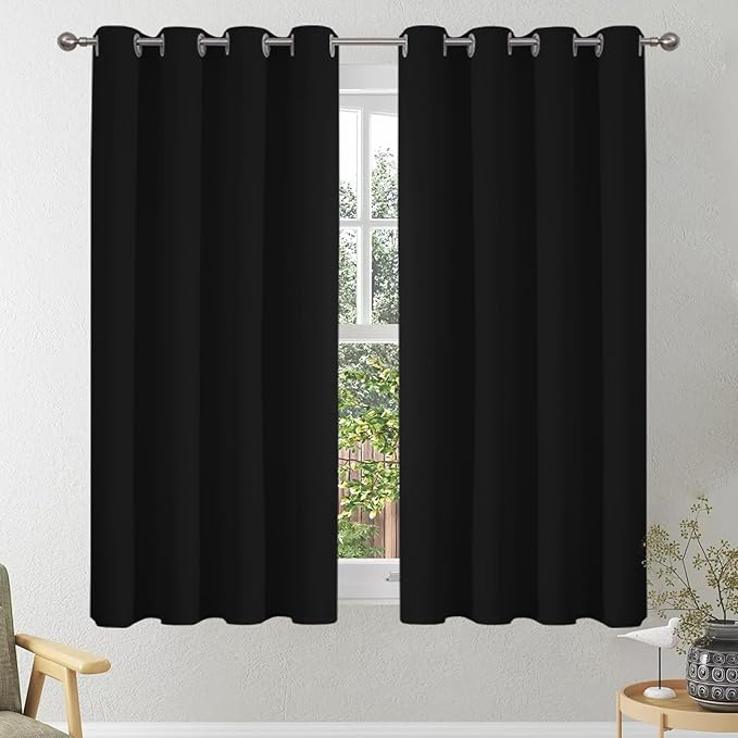 Blackout Curtains for Small Window 54 Inch Drop, Soft Thermal Insulated Short Curtains for Living Room, Eyelet Bedroom Curtains, W46 x L54 Inch, Black, 2 Panels