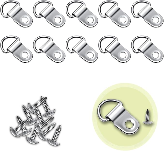 10 Sets D Rings Metal Picture Hangers - 10PCS Canvas Hooks & Screws for Picture Frame Hanging Decoration