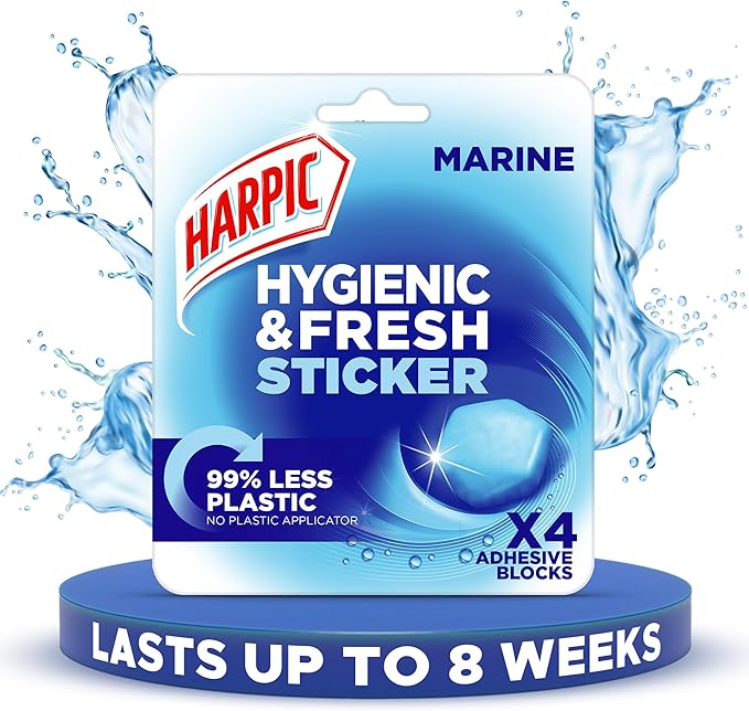 Harpic Hygienic Fresh Sticker Adhesive Toilet Block, Marine, Pack 1 x 4 stickers, Toilet Freshener, No Plastic Applicator, Up to 8 weeks of Freshness
