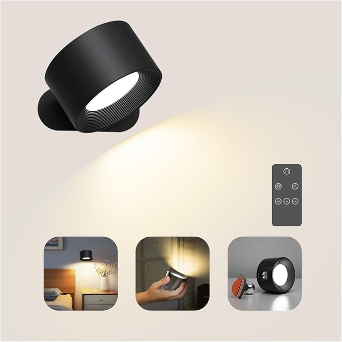 Battery Wall Light, Indoor Wall Lamp with Remote/Touch Control, Rechargeable Battery, 3 Color Modes, 3 Dimmings, 360 ° Rotate, LED Wall Sconce for Reading Bedroom Living Room-Black 1PC[Energy Class G]
