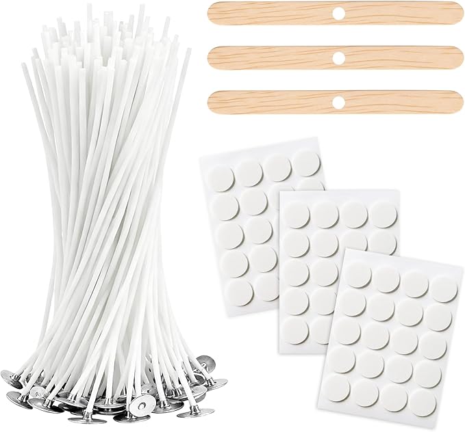 Wanheart 50 Pcs Candle Wicks for Making Candles 10cm Long Pre-Waxed with Metal Tabs Includes 3pcs Wick Holders & 60pcs Glue Dots,Long Lasting No Black Smoke for Home and DIY Candles, White