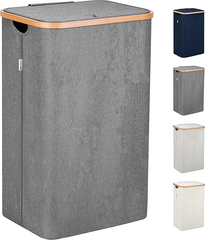 LONBET 100L Laundry Basket with Lid and Sturdy Bamboo Frame - Aesthetic Laundry Hamper with Side Handles and Made from Breathable Fabric - Laundry Bin with Removable Bag, Clothes Basket Grey