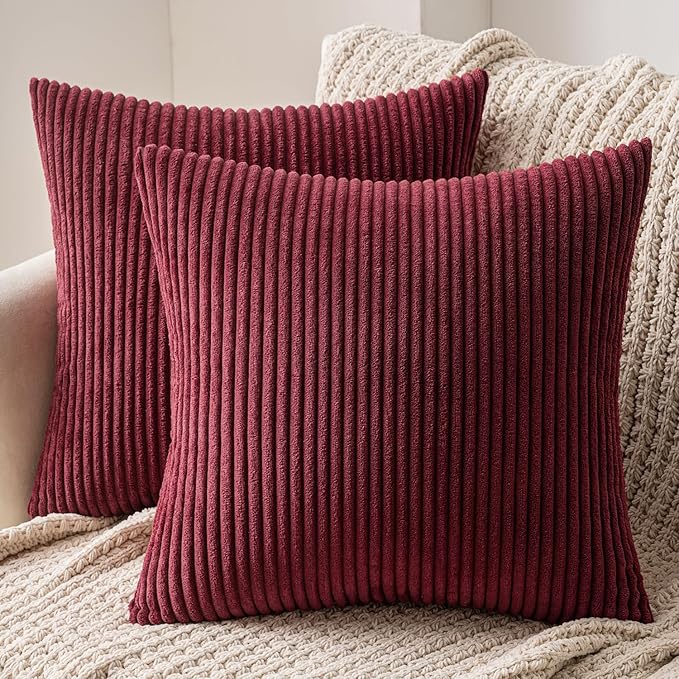 MIULEE Set of 2 Striped Corduroy Square Throw Pillow Case Soft Cushion Cover Sham Home for Sofa Chair Couch/Bedroom Decorative Fluffy Large Pillowcases 18x18 Inch 45x45cm Burgundy