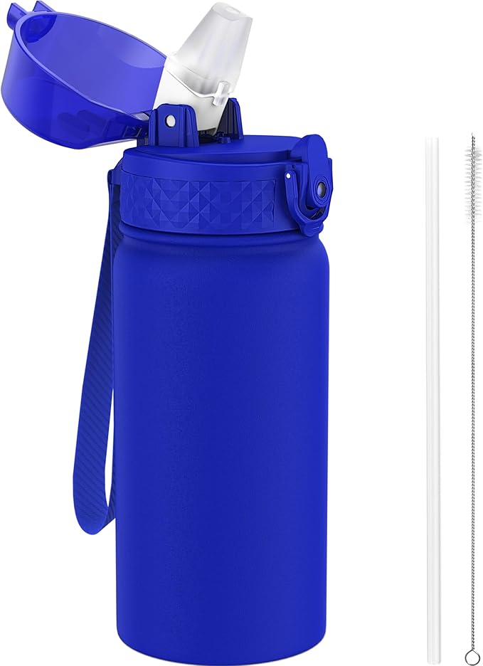 GOPPUS 420ml/14oz Kids Insulated Water Bottle with Straw Cute Double Wall Stainless Steel Child's Small Flask Vacuum Insulated Steel Metal Leak Proof Drink Flask Boys Toddler Girls Bottles BPA-Free