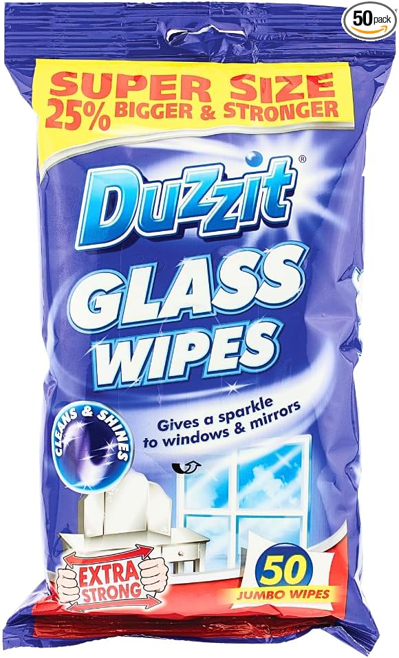 Duzzit Glass Wipes - Super Size (25% Bigger & Stronger) | Extra Strong Cleaning Wipes for Glass, Mirrors and More - Cleans and Shines (50 Jumbo Wipes)