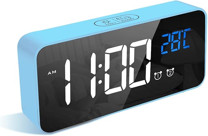 LATEC Digital Alarm Clock with Big LED Temperature Display, Bedside Clock with 13 Alarm Sounds USB Charging Port 4 Levels Adjustable Brightness Dimmer Snooze Portable Mirror Alarm with Dual Alarm Blue
