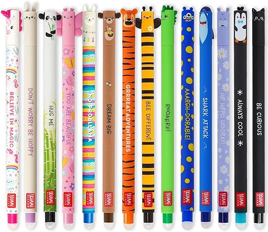 LEGAMI - Set of 14 Erasable Gel Pens with Thermosensitive Erase Ink, Range of ink colours & barrel designs, 0.7mm Tip, Animal Designs