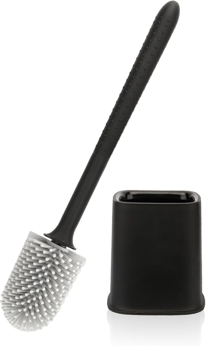 Canvint Silicone Toilet Brush and Holder Set With Quick-Drying Design for Dead Corner Deep Cleaning, Flexible No-Slip Long Plastic Handle for Bathroom (Black)