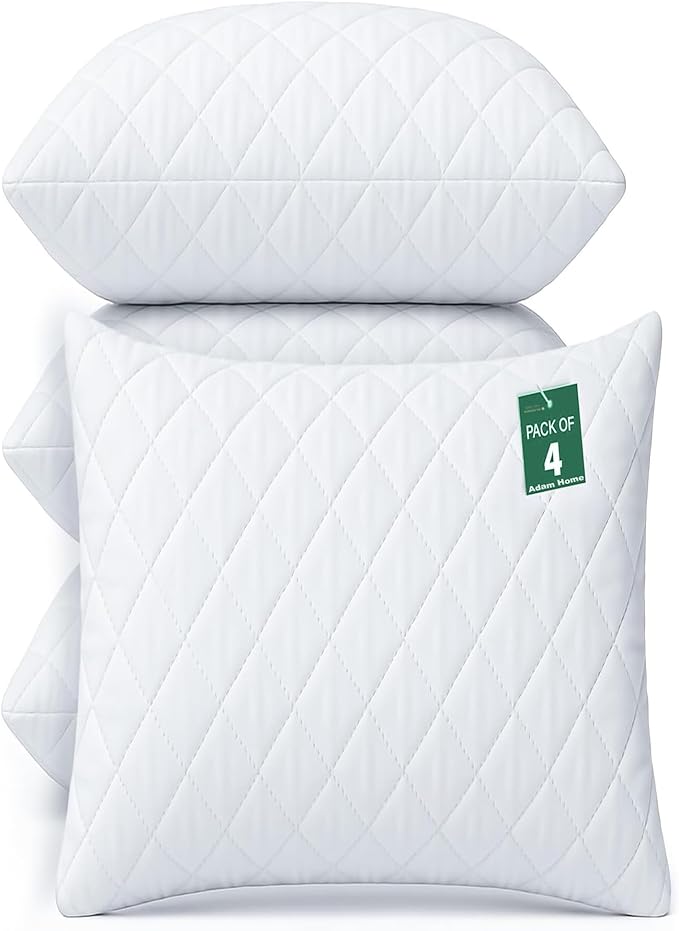 Adam Home Cushion Inserts 45cm x 45cm (18" x 18" inches) 4 Pack Hotel Quality Polycotton Quilted Cover Hypoallergenic Fluffy White Cushions Inner Bounce Back Hollowfibre Cushion Pads for Sofa