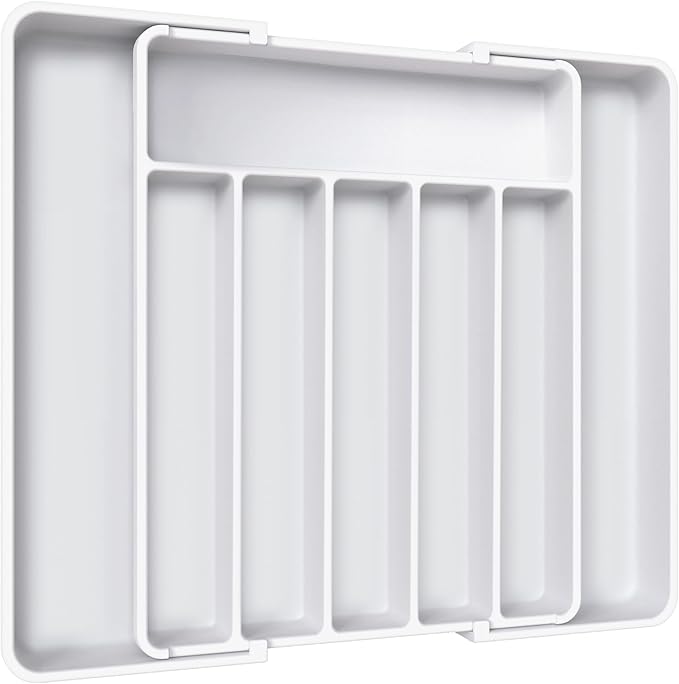 Aujen Cutlery Drawer Organiser - Expandable Kitchen Drawer Storage Organiser, Adjustable Cutlery Tray, Multipurpose Utensil Organisation for Forks, Knives, White, 34.00 x 4.17 x 26.00~50.00 cm