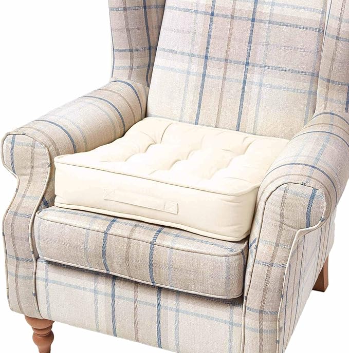 HOMESCAPES Cream Armchair Booster Cushion Large Firm 50 cm Square Seat Pad with Supportive 10 cm Thick Lift Luxury Soft Touch Cotton Cushion For The Elderly, Post-Operative and Pregnancy