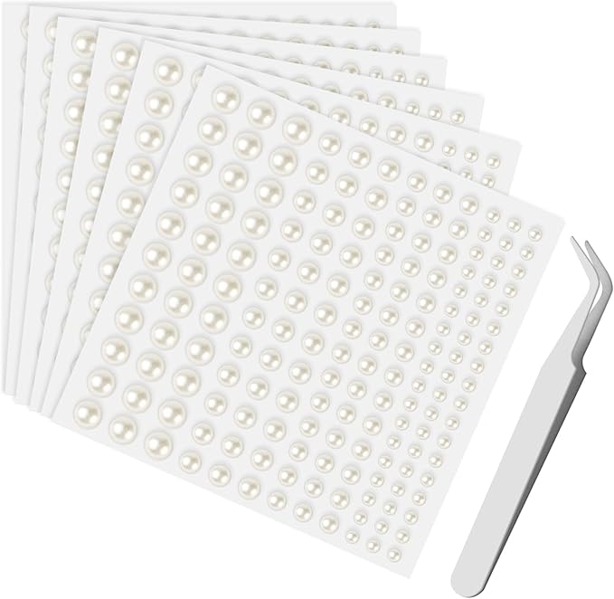 990 Pcs Pearl Stickers, Self Adhesive Pearls, Stick on Pearls, Flat Back Pearls, Small Round Pearl Stickers for Face, Nail Art, DIY, Scrapbooking Embellishments-3/4/5/6mm, with Tweezers