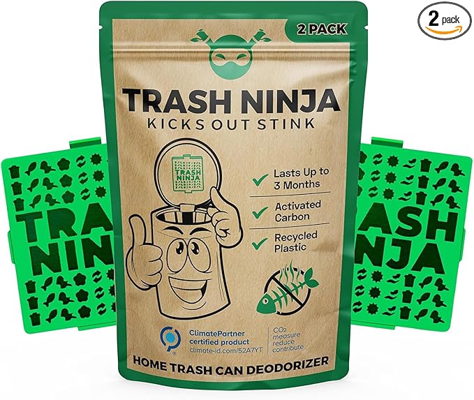 Trash Ninja Bin Deodoriser (2 Pack) - Bin Freshener and Odour Eliminator Made with Activated Carbon, Bin Deodoriser and Freshener, Stick On Air Freshener for Bins, Unscented Bin Smell Eliminator