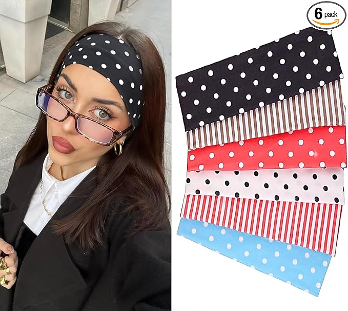6-Pack Women's Striped and Polka Dot Headbands Made of Soft Elastic Fabric Without Slipping Striped Polka Dot Design Hair Bands for Girls