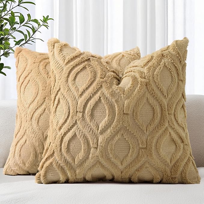 decorUhome Set of 2 Faux Fur Cushion Covers 45x45 cm, Decorative Soft Plush Fluffy Velvet Cushion Cover 18X18 Inch,Square Boho Neutral Pillow case for Sofa, Taupe