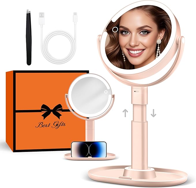 B Beauty Planet Makeup Mirror with Lights, Lighted Magnifying Mirror 30X with 3 Lighting and Adjustable Brightness, 2-Sided Height Adjustable Vanity Mirror for Bathroom, Present for Women Pink