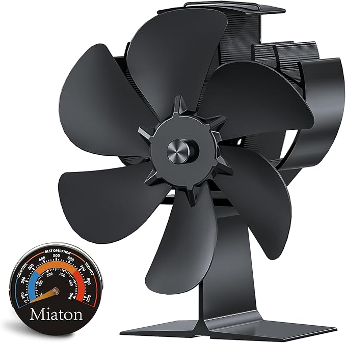 Log Burner Fan Silent Operation | 6-Blade Stove Fans for Wood Burner | Heat Powered Wood Burning Stove Fan with Log Burner Thermometer | Fireplace Accessories Tools