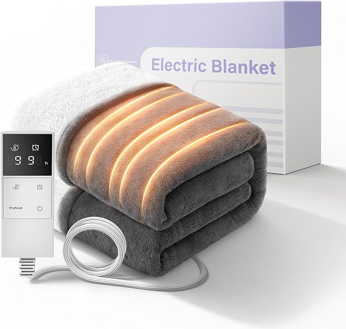 Heated Blanket 160x120cm, Safe Electric Blanket Throw for Sofa, 9 Heat Settings with Fast Heating, 1-9H Auto-Off, 200GSM Plush Dual-Side Fleece & Sherpa, Machine Washable
