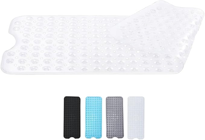 Zuvo -Extra Long Bath Mat (100 X 40cm, Solid White) - Shower Mat Non Slip Anti Mould, Machine Washable Rubber Shower Mat with Powerful Suction Cups for Kids and Elderly