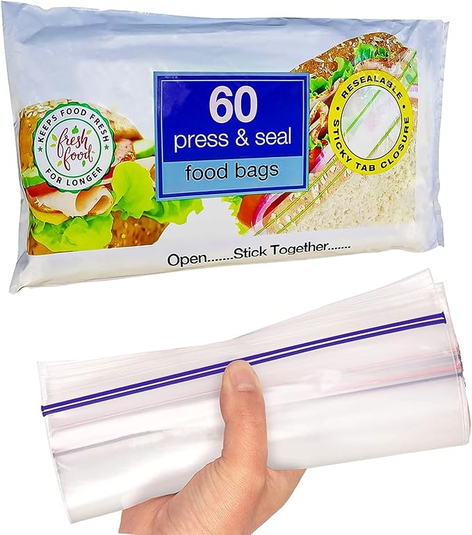 60 Press And Seal Food Bags, Re-sealable Sticky Tab Closure, Ultimate Strength. Ideal for Storing a Variety of Food Items, Keeps Food Fresh for Longer