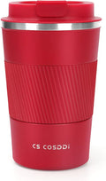 CS COSDDI Travel Mugs, Insulated Coffee Cup with Leakproof Lid - Reusable Coffee Cups Travel - Car Coffee Cup - Stainless Steel Coffee Mug for Hot and Cold Water and Tea (Red-A, 380 ml)