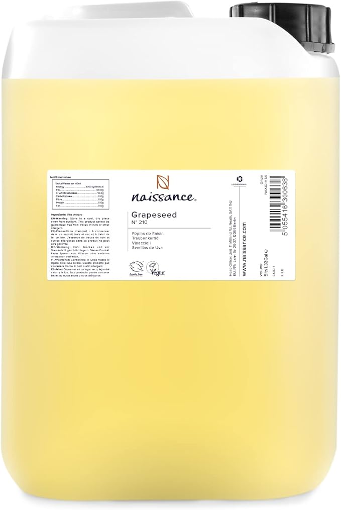 Naissance Grapeseed Oil (No. 210) 5 Litre - Natural Moisturiser and Conditioner - Ideal for Hair, Skin, Massage, Face, Beard and Aromatherapy