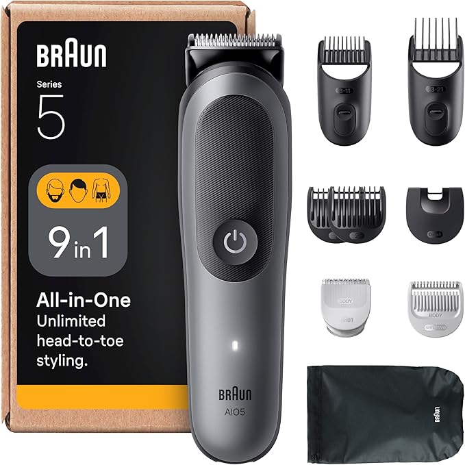 Braun All-in-One Series 5 Grooming Kit, 9in1, Ultra Sharp Blade, 120 Min, SkinGuard for Body, Precise & Efficient Trim, AquaGrip for Under Water Use, AIO5545, Grey
