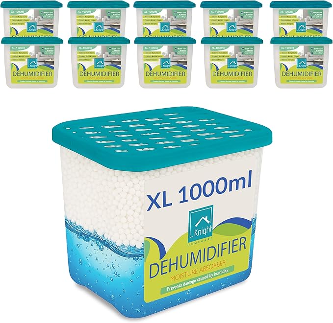 KNIGHT 1000ml 10 Pack Dehumidifier -1L Moisture Absorber, Long Lasting 90 Days Dehumidifier, Prevents Mould and Condensation caused by Humidity in Home, Kitchen, Caravan & Garage - Patent Design