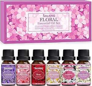 SALKING Essential Oils Set, 100% Pure Fragrance Oil AromatherapyGift, Premium Scented Oils for Diffusers 6 x 10 ML - Lavender, Rose, Jasmine, Cherry Blossom, Gardenia, Chamomile, Pink