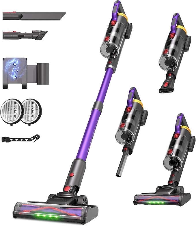Cordless Vacuum Cleaner 48KPa/550W/65min,Stick Vacuum Cleaner with Anti-Tangle Brush for Home Use,LED Display,Powerful Self-Standing Stick Vacuum,Ultra Quiet,for Carpets,Hard Floors,and Pet Hair,UV2