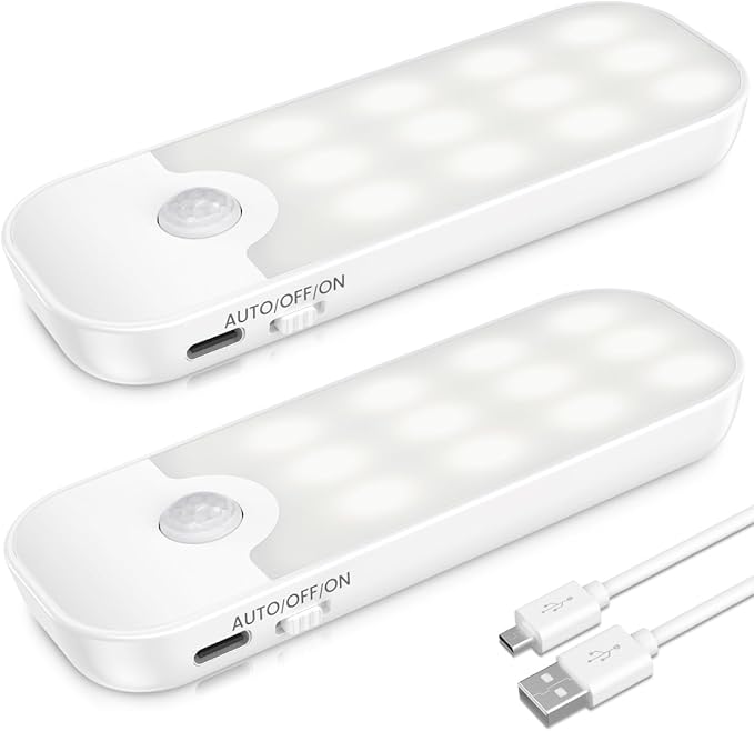 Motion Sensor Lights Indoor, 2 Pack USB Rechargeable Stick on Lights with 3 Modes, Wireless Motion Sensor Light with Magnetic Strips for Wardrobes, Stairs, Hallway, Bedroom, Cupboard