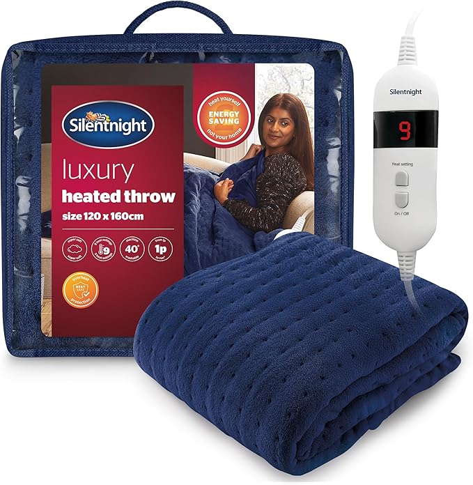 Silentnight Comfort Control Heated Throw Blanket - Luxury Fleece Electric Heated Overblanket for Sofa Bed with 9 Heat Settings, Fast Heat-up and Safety Shut Off - Machine Washable - 120x160cm - Navy