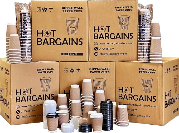 HOT BARGAINS - Kraft Triple Walled Disposable Paper Ripple Cups - 100 X 12oz / 360ml, Hot Drink Cups + Reusable Lids