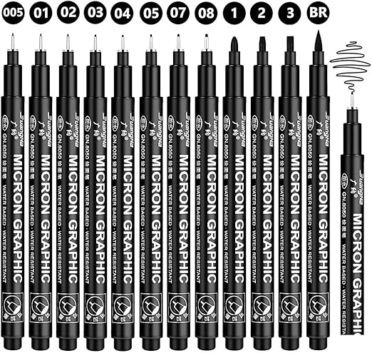 Black Fineliner Pens Set 12 Pack Fineliners Technical Drawing Pens, Micro Liner Art Pens for Artist, Brush Pens for Art Sketching, Technical Drawing, Illustration, Comic
