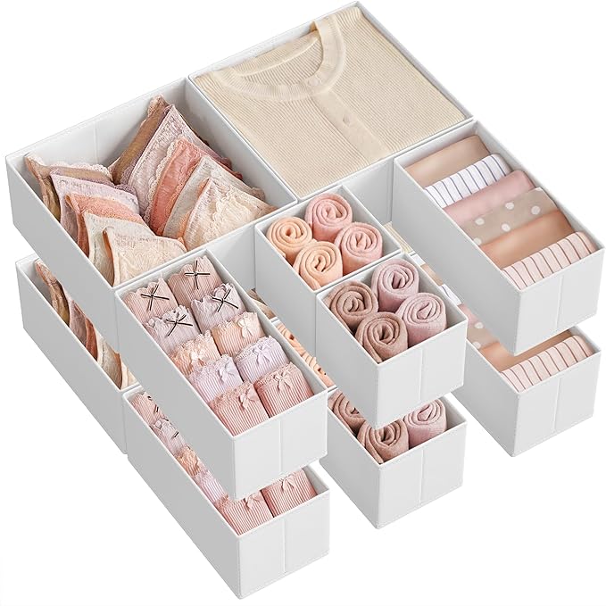 SONGMICS Drawer Organisers, Dresser Dividers, Set of 12, Foldable Fabric Storage Boxes for Socks, Underwear, Bras, Ties, Scarves, Cloud White RDZ006W02