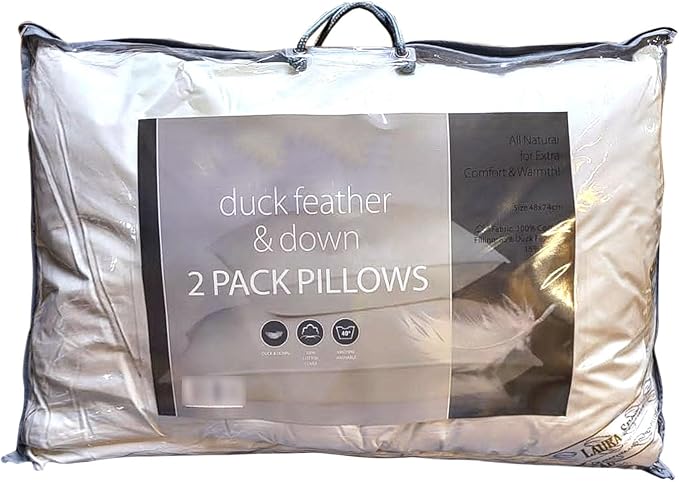 Casabella Duck Feather & Down Pillows- Luxurious Comfort for Restful Sleep-Hypoallergenic & Anti Dust Mite-2 Duck Feather Pillows UK Standard Size(48x74cm)