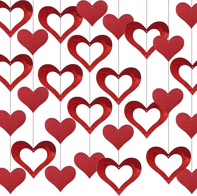 Heart Streamers, Valentines Decorations, 100 PCS Red Heart Decorations Galentines Day Decorations, Romantic Heart Glitter Hanging Streamer Banners, Hanging Hearts For Valentine's Day Party Decorations