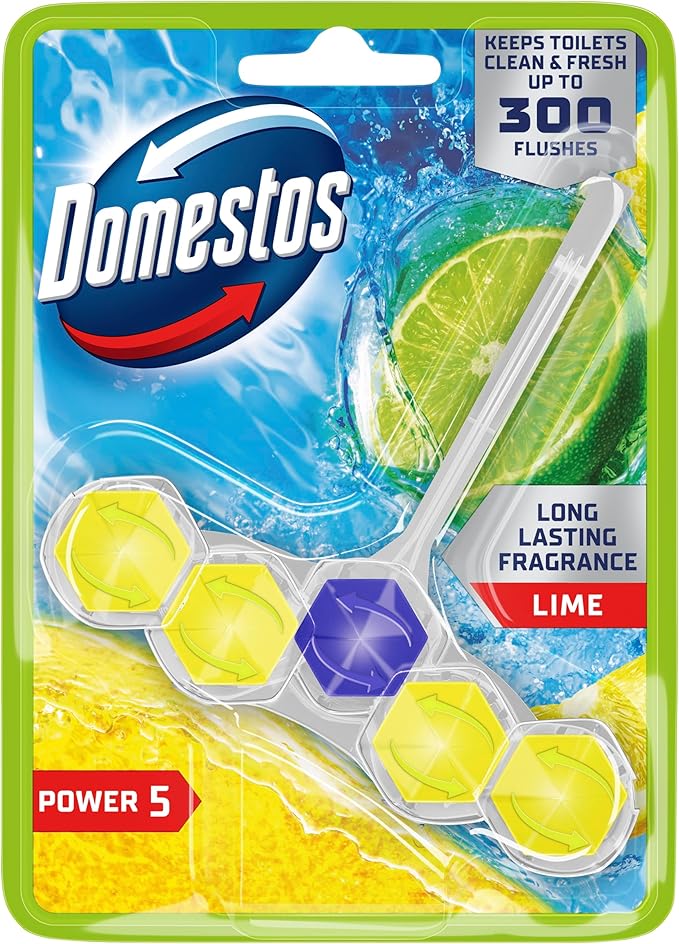 Domestos Power 5 Lime Toilet Rim Block toilet freshener with a long-lasting fragrance cleans and freshens for up to 300 flushes 50 g